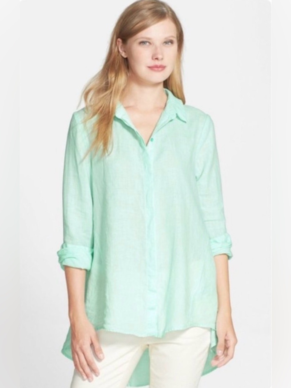 Eileen Fisher Petite Organic Irish Linen Button Down Seafoam Green MP Medium
